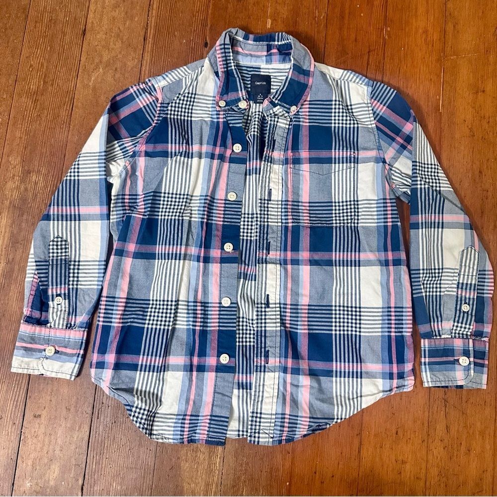 GAP Kids Boys Long Sleeve Button-Up Shirt – Blue, White & Pink Checkered S (6-7)
